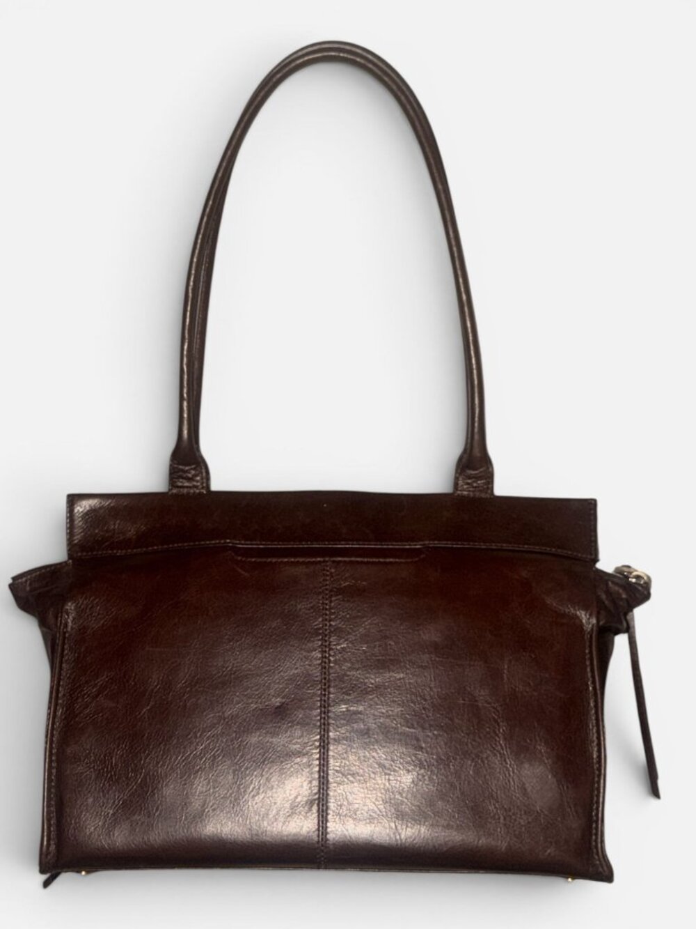 HOBO Seeker Shoulder Bag Chocolate Brown Polished Leather Double Handle Satchel - Picture 3 of 7